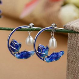 Dangle Earrings & Chandelier Lotus Cloisonne Enamel Porcelain Craft Pearl Chinese Style Retro Unique Light Luxury Charm Women's Silver Jewel