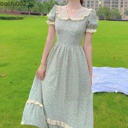 Casual Dresses Elegant Floral Party Midi Dress Women Slim Print French Casual Vintage 70s Clothes Lace Cottagecore Beach Boho Dress Summer 2022 W0315