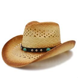 Berets Women Men Western Cowboy Hat With Punk Turquoise Band For Lady Gentleman Beach Sun Sombrero Cowgirl Size 58CMBerets