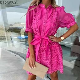Casual Dresses Female Jacquard Solid Color Mini Dress Elegant Pearl Button Lace-up Party Dress New Stand Collar Short Sleeve Office Shirt Dress W0315