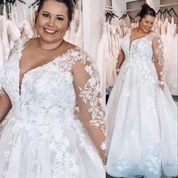 Pizzo abito da sposa a-line plus size illusione maniche lunghe Appliques vincola V Nunta per pavimento abiti da sposa abiti da sposa abiti da matrimonio 403