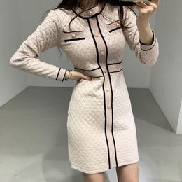 Casual Dresses Women Elegant Sweater Dress 2023 Autumn Winter Slim Gold Button Knitted Bodycon Ladies Vintage Office Robe