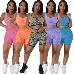 2023 Summer Women Tracksuits Two Piece Pants Set Yoga Outfits Designer Jogging Suit Solid Color Elastic Knitting Printing Halter Sports Vest Pleated Tight Shorts