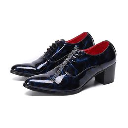 Fashion Men Shoes Pointed Toe Blue/Red Leather Dress Shes Men Lace-up Formal Business, Party and Wedding Footwear