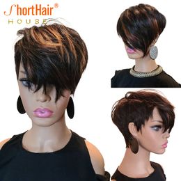 Highlight Short Cut Bob Human Hair Lace Front Wigs With Long Natural Bangs For Black Women 100% Human Hair Pixie Cut Wig