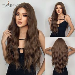 Synthetic Wigs Easihair Long Brown Lace Front Synthetic Wigs Natural Wavy High Density Frontal Wig for Women Cosplay Heat Resistant 230227