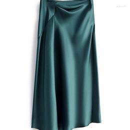 Skirts Spring Summer 2023 Midi England Office Lady Satin High Waist Simple Elegant Long Irregular Skirt Women Blackish Green