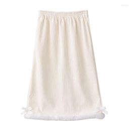 Skirts Japanese Lolita Women Corduroy Midi Skirt With Fur Winter Sweet Bow Korean Fashion Black Elastic Waist Long A Line Split