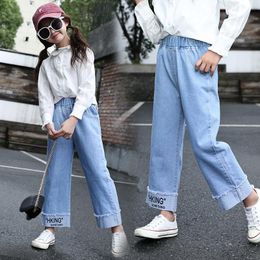 Jeans Girl's Spring Fashion Loose Children's Stylish Letter And White Label Turn-Up Cosy All-Match Denim Trousers Kids Clothing