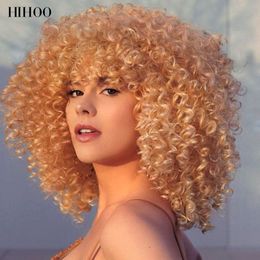 14Short Hair Afro Kinky Curly Wigs With Bangs For Black Women Synthetic Wig Omber Glueless Cosplay Lolita Wig High Temperaturef