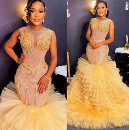 Gold Aso Ebi Arabic Mermaid Prom Dresses Lace Beaded Tiers Evening Formal Party Second Reception Birthday Engagement Gowns Dress ZJ