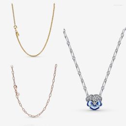Chains 2023 Spring Gift Blue Pansy Flower Rolo Link Chain Pendant Necklace Original 925 Sterling Silver Women Fine Jewelry