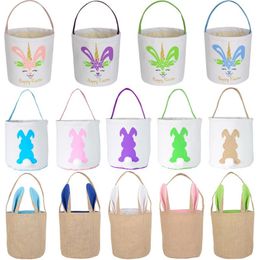 Party Easter Bunny Basket Bags With Handle Kids Linen Carrying Gift Handbag Eggs Hunt Bag Fluffy Tails Printed Rabbit Toys Bucket Tote Party Decoration RRA