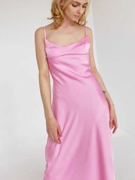 Casual Dresses Elegant Women Pink Hollow Out Satin Midi Dress Sexy Backless Spaghetti Strap ALine High Waist Female Dresses Z0216