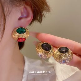 silver needle Colour rhinestone stud wrinkle oval earrings chinachic antique design earrings small fashion versatile earrings
