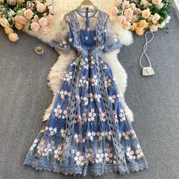 Casual Dresses Spring Summer Runway Flower Embroidery Dress Women's Flare Sleeve Stand Floral Blue Hollow out Embroidered Long Mesh Dresses W0315