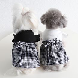 Pet plaid skirt summer creative dog apparel bowknot dress fashion solid Colour dog clothes outdoor cat clothing