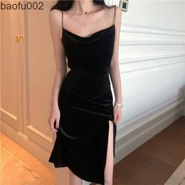 Casual Dresses New 2022 Vintage Women Dress Spaghetti Strap Slit Velvet Black Dress Sexy Bodycon Bandage Dress Midi Party Dress Verano Vestidos W0315