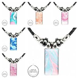 Pendant Necklaces Pink And Aqua Marble Printed For Girls Gift Jewellery With Steel Plated Glass Cabochon Choker Long Rectangle Black