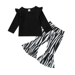Clothing Sets Girls Fashion Children Kids Baby Solid Long Sleeve T-shirts Tops Zebra Stripe Pants Casual Clothes Outfits