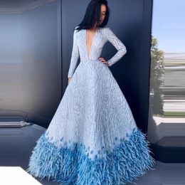 Party Dresses Light Blue Beaded Long Dress A-line With Feathers Sexy Deep V-Neck Sleeves Women Sparkly Rochii De Seara