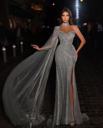 Grey Mermaid Evening Dresses One Long Sleeve V Neck Halter Cape Appliques Sequins Lace Side Slit Floor Length Prom Dresses Formal Gowns Plus Size Gowns Party Dress