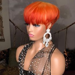 Orange Short Human Wigs with Bangs Brazilian Remy Pixie Cut for Black Women Straight Hair Bury Brown Ombre Glueless Full Lace Wig