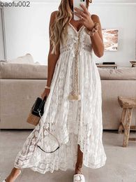 Casual Dresses Boho Dress Women Summer Maxi Dress Lady Off Shoulder Holiday Lace V Neck Spaghetti Strap Sundress White Dress Vestidos De Mujer W0315