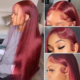 Synthetic Wigs Straight Burgundy Lace Front Human Hair For Women Glueless Coloured 13x4 Red Transparent Frontal 230314