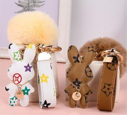 Designer keychain rabbit leather fur ball charm key chain car pendant metal fashion personality creative couple Chequered variety of styles