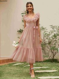 Casual Dresses V-neck mesh polka dot summer tulle party dress women Backless pink ruffle sleeveless dresses Elegant sash maxi vestidos W0315