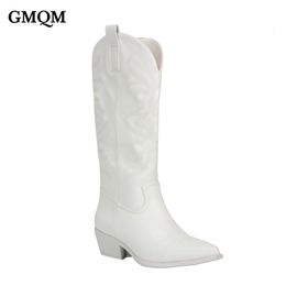 Boots GMQM Brand Fashion Women Westem Cowboy Boots Mid-Calf Boots Dropship Lady Autumn Winter Metalic Sexy Pumps High Heels 230314