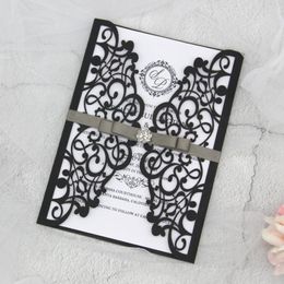 Greeting Cards Print Custom Elegant Laser Cut Wedding Invitations With Ribbon And Diamods Lace Engagement Invites For Party Decoration