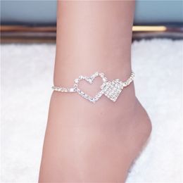 Festive Versatile Rhinestone Double Loves Anklet Chains Full Diamond Personality Heart Feet Chain European and American Accessory Girl Body Chain 2PCS/Set