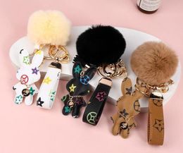 Designer keychain rabbit leather fur ball charm key chain car pendant metal fashion personality creative couple Chequered variety of styles Pendants Charms