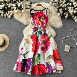 Casual Dresses Chic Summer Beach Dress for Women Streetwear Woman Clothing A-LINE Floral Printing O-Neck Sleeveless Empire Dresses Dropshipping W0315