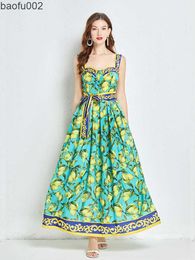 Casual Dresses Women's Runway Fashion Maxi Dress Summer Bohemia Lemon Print Lace Up Belt High Waist Vacation Long Spaghetti Strap Dress W0315