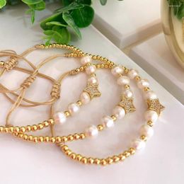 Strand 5Pcs Cz Zircon Star Charm Bracelets Natural Freshwater Pearls Gold Color Beaded Bracelet Jewelry For Women Handmade Fashion Gift