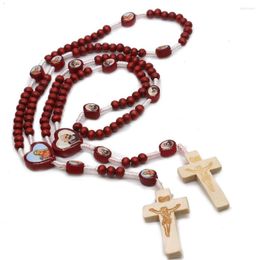 Chains KOMi Wine Red Wooden Beads Handcrafted Virgin Mary Rosary Necklaces For Women Religion Catholic Cross Chain Long R-304