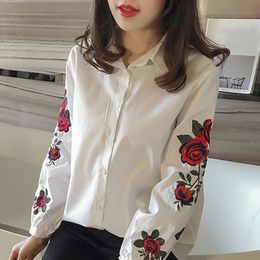 Women's Blouses Shirts Spring Autumn Women Long Sleeve Turndown Collar Rose Embroidery Elegant Casual Plus Size 4XL Female 6Q2323 230314