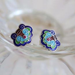 Stud Earrings Silver Enamel Blue Original Retro Minority Design Chinese Style Ethnic Women Elegant Jewellery