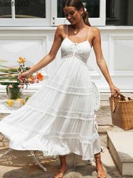 Casual Dresses White Spaghetti Straps Dress Elegant 2023 Summer Women Holiday Hollow Out Long Beach Sundress Soft Smock Split Vestido A1074 W0315