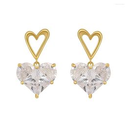 Stud Earrings S3091 Fashion Jewellery Copper Hollow Out Heart Zircon Dangle Sweet Peach Hearts