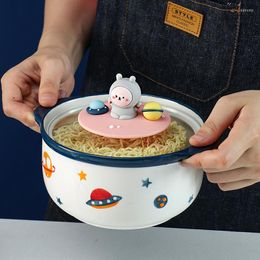 Bowls 1000ML Creativity Space Solar System Bowl Spoon With Lid Ceramics Instant Noodle Young Girl Dorm Room Student Office Mug