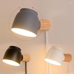 Wall Lamp Scandinavian Wood Bedroom With EU/UK Plug In 360 Degree Rotatable Head Minimalist Reading Light