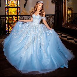 Quinceanera Dresses Light Sky Blue Appliques Lace Sweetheart Princess Sexy Ball Gown with Tulle Plus Size Sweet 16 Debutante Party Birthday Vestidos De 15 Anos 53