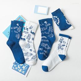 Women Socks 10 PCS 5 Pairs Japanese Harajuku Style Woman Funny Cute Cartoon Hip Hop Blue