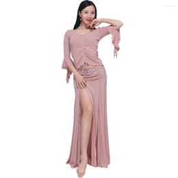 Stage Wear Belly Dance Top Dress With Ineer Pants Set V-Neck Slim India Custome Trumpet Sleeve Slit Practise Suit