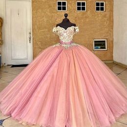 Quinceanera Dresses Princess Pink 3D Flowers Sweetheart Princess Sexy Ball Gown with Tulle Plus Size Sweet 16 Debutante Party Birthday Vestidos De 15 Anos 55