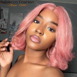 Pink Bob Short Cut Wigs Blonde Straight Lace Front Human Hair Wigs 180D Transparent Lace Pre Plucked Brazilian Bob Lace Wigsfactory direct